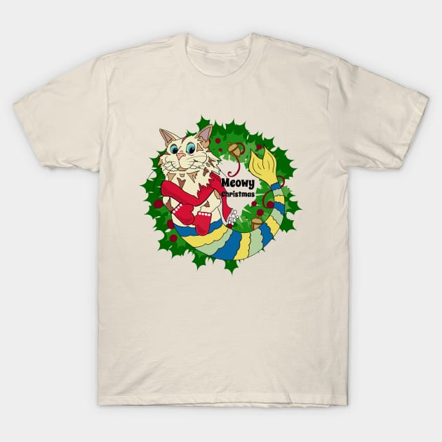 Meowy Christmas Purrmaid T-Shirt by abrushwithhumor